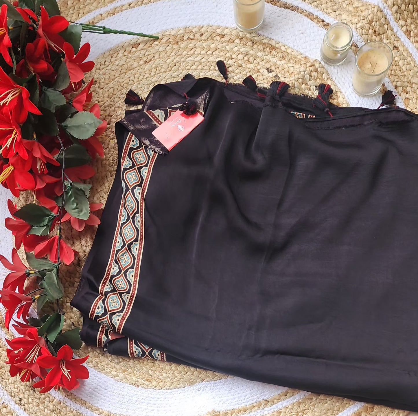 Ajrakh print Modal silk Sarees- Black with white with border