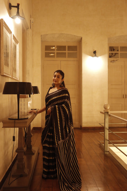 Ajrak Print Modal Silk Sarees- Leheriya Black