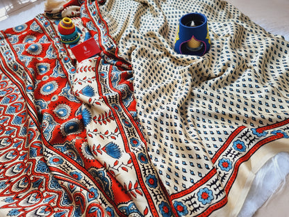 Modal Silk Sarees with Handblocked Ajrak Print