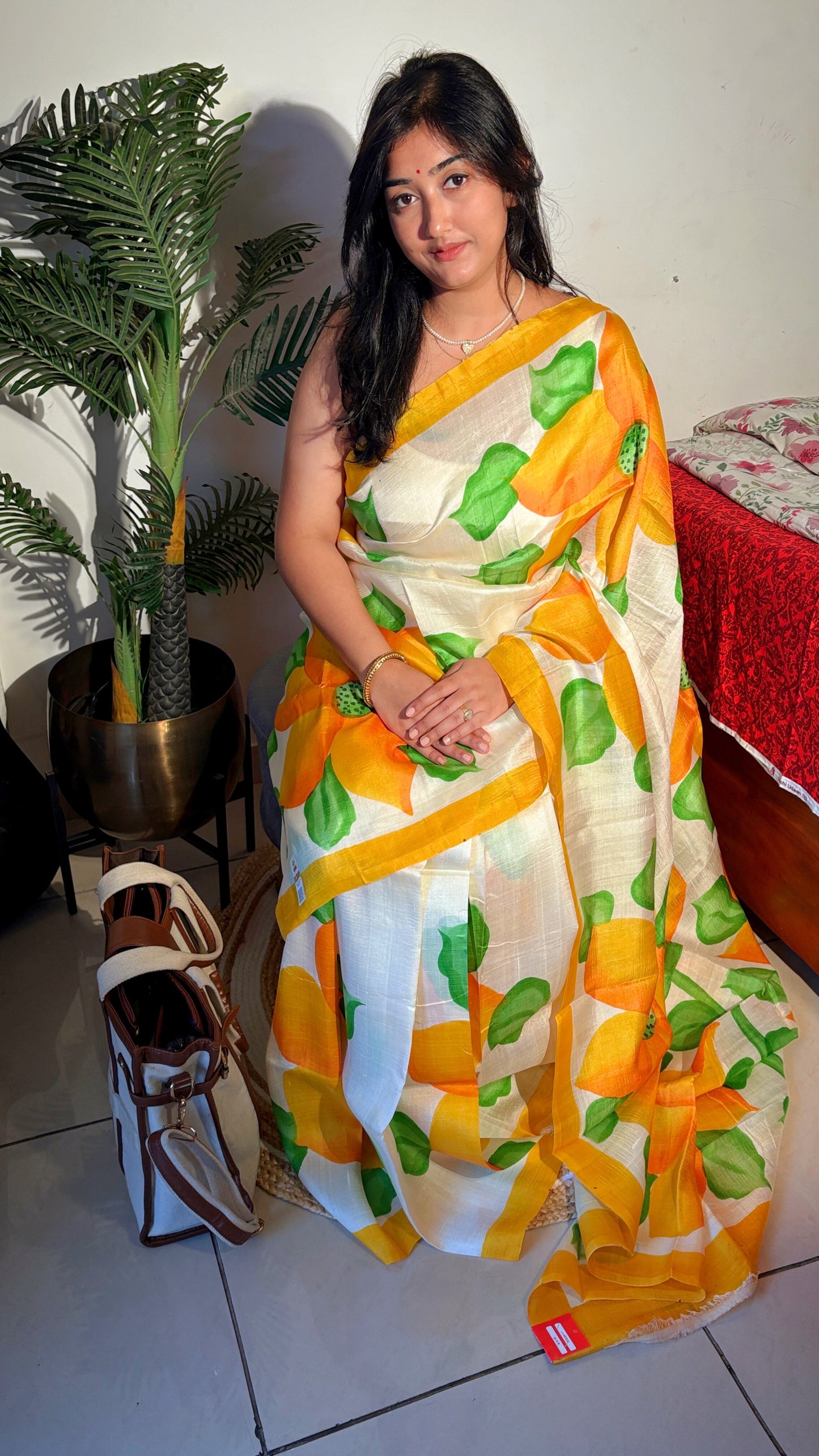 Murshidabad pure silk saree - handpainted floral cream