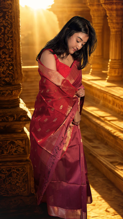 Maheshwari silk handloom- Peach pink with Red Palla