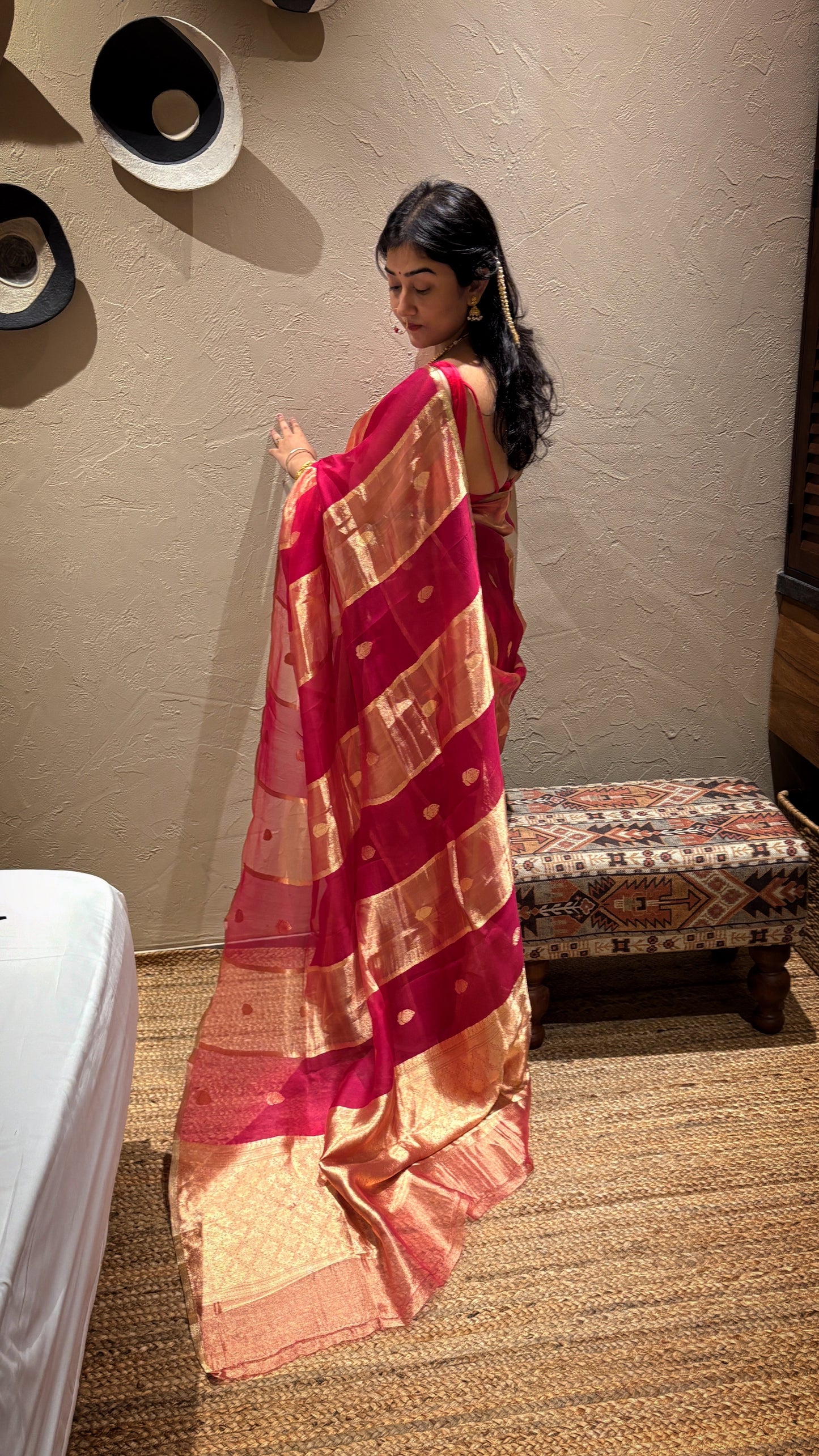 Pure Banarasi Kora Organza silk- Magenta Golden