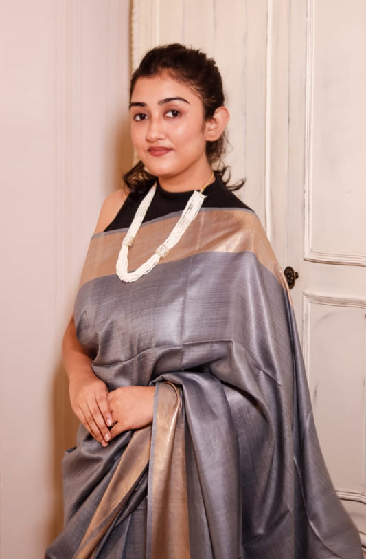 Pure Tussar Silk Saree- Grey Purple