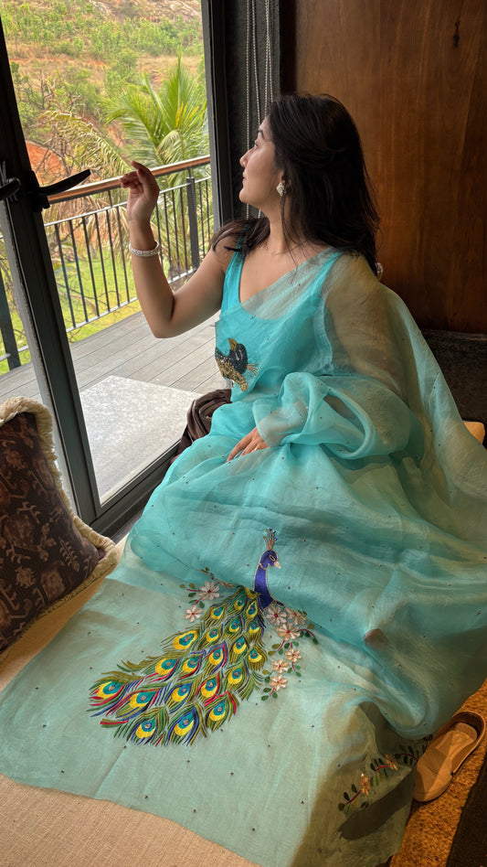 Peacock embellished Pure Organza- Teal blue