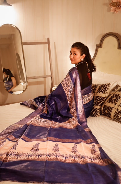 Pure Tussar screen printed Gicha Silk Saree- Royal blue
