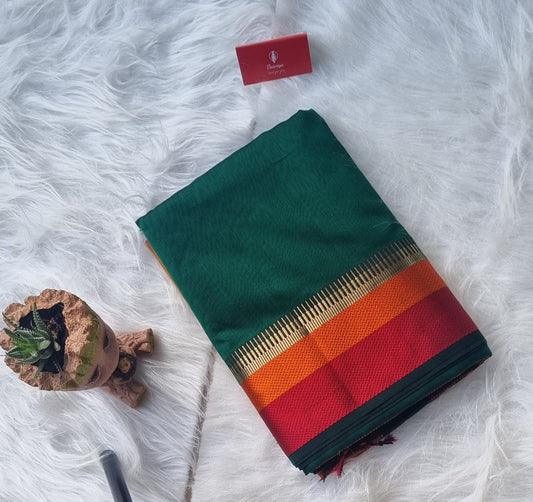 Maheshwari Silk Saree- Bottle Green and Orange