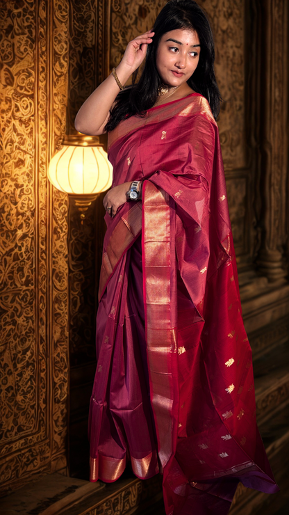 Maheshwari silk handloom- Peach pink with Red Palla