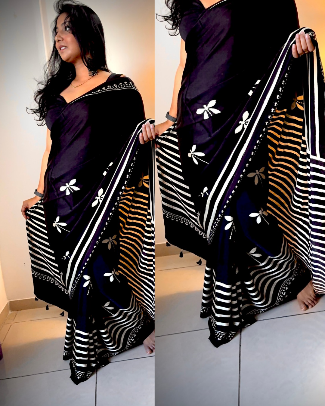 Modal Silk Sarees with Handblocked Ajrak Print- Black