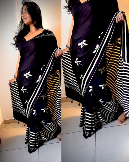 Modal Silk Sarees with Handblocked Ajrak Print- Black
