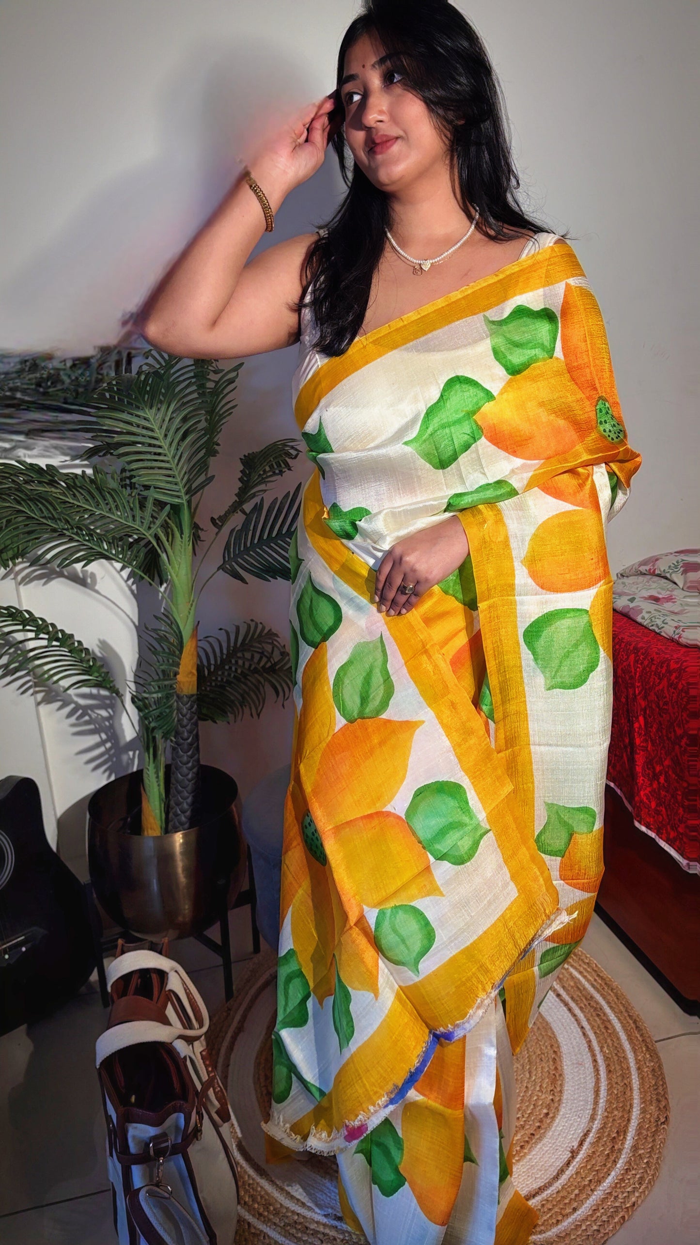 Murshidabad pure silk saree - handpainted floral cream