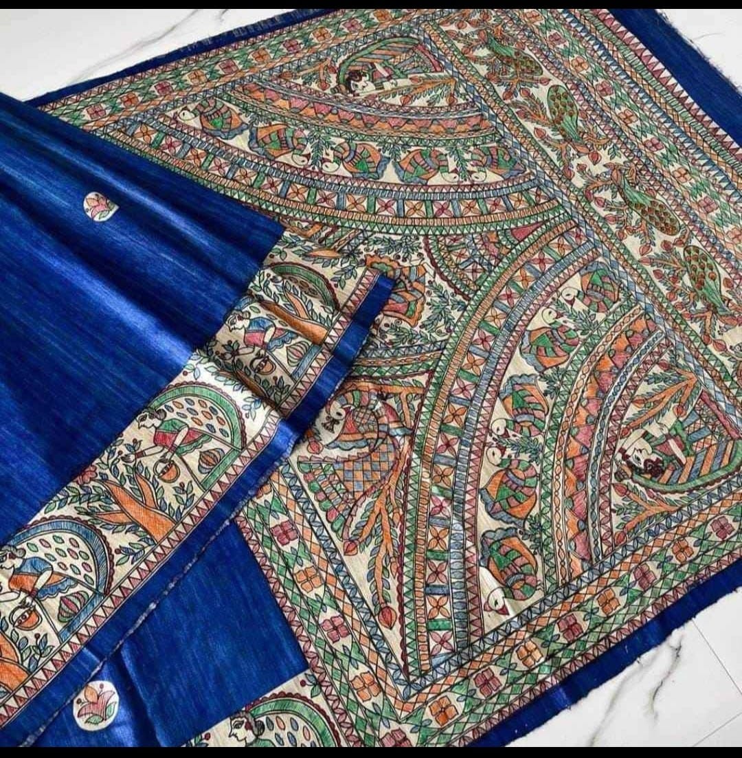 Madhubani Handpainted on pure Tussar Ghicha Silk- Royal blue (Custom color available)