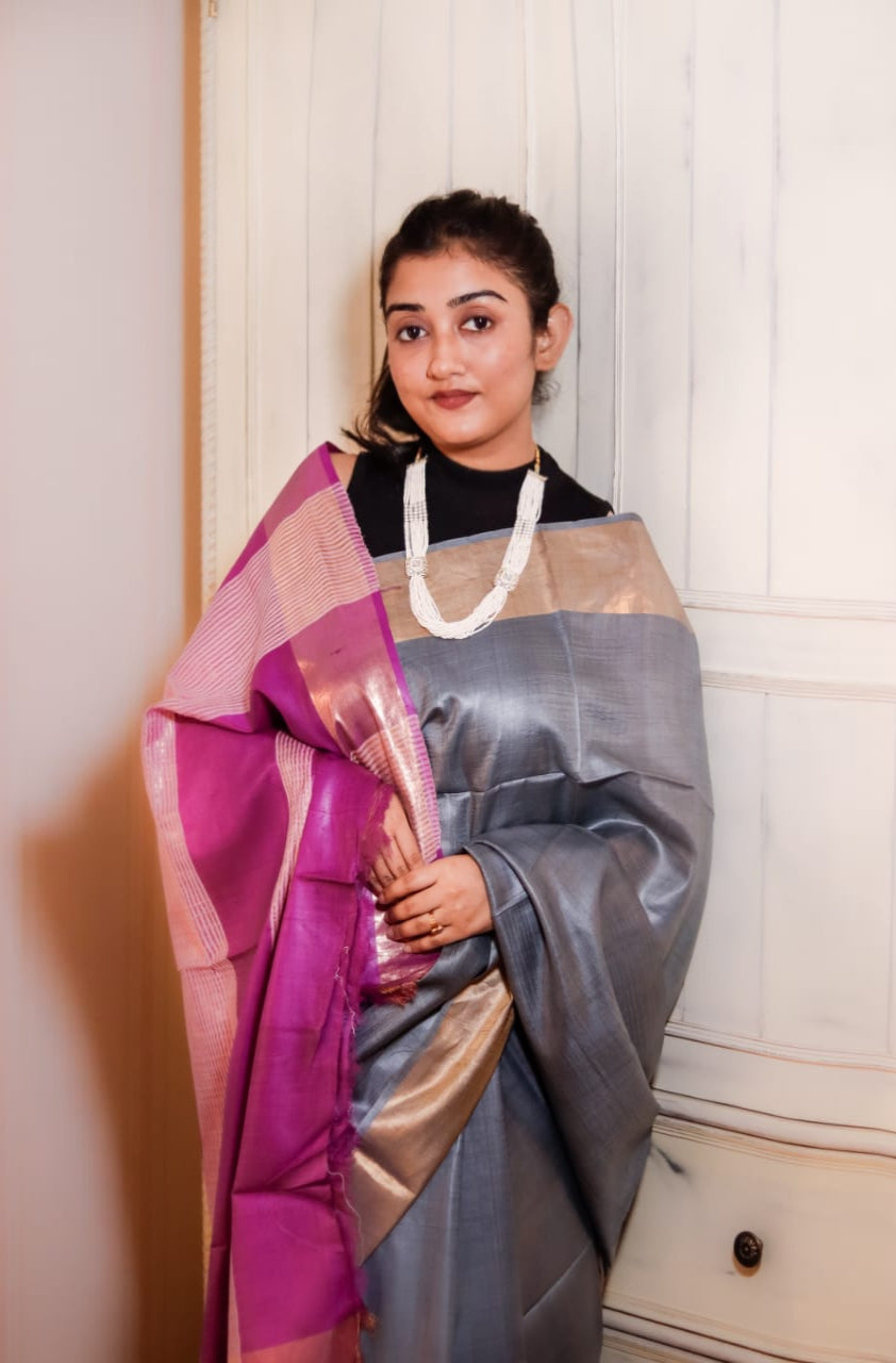 Pure Tussar Silk Saree- Grey Purple