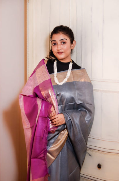 Pure Tussar Silk Saree- Grey Purple