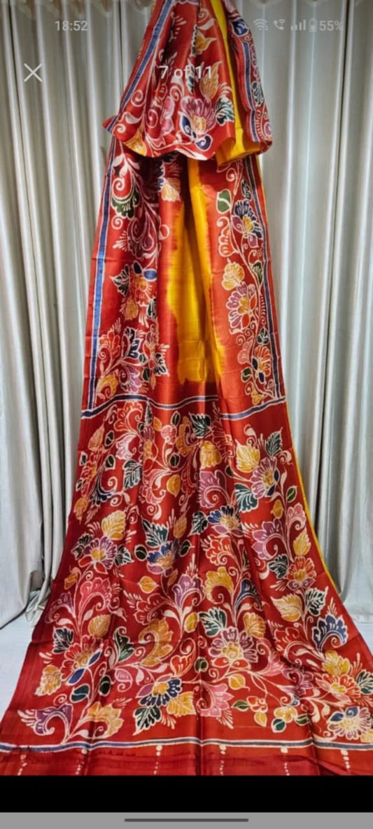 Murshidabad 3ply pure silk batik saree- Red yellow(custom)
