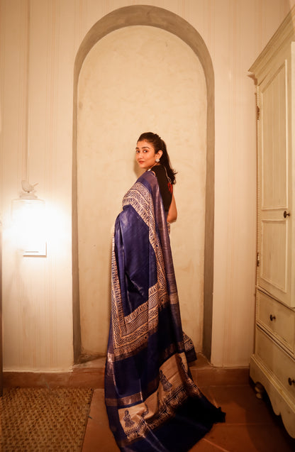 Pure Tussar screen printed Gicha Silk Saree- Royal blue