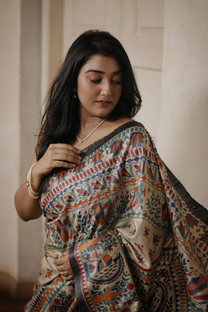 Madhubani Handpainted on Pure Tussar desi Silk - Black (Custom color available)