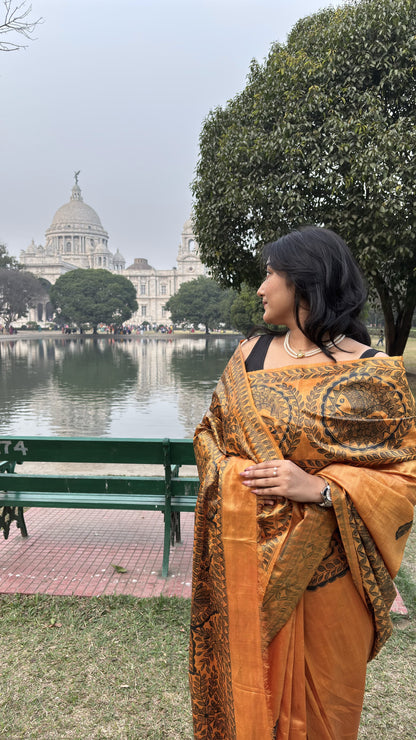 Pure Tussar Silk Saree- Custom Madhubani on Golden