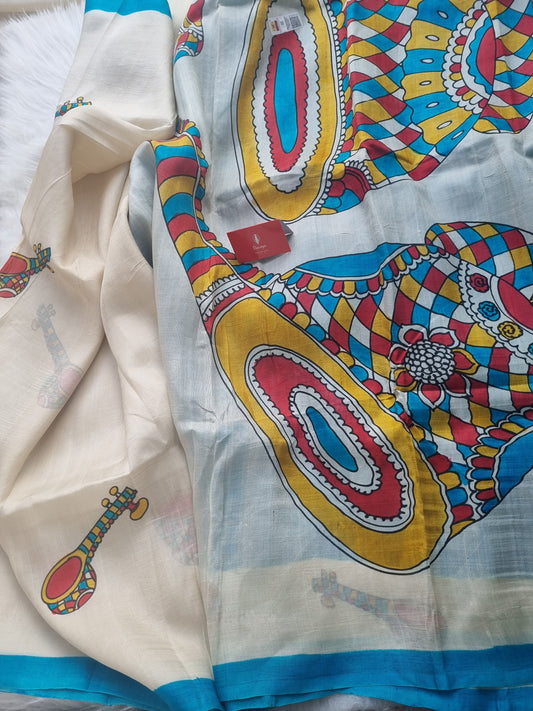 Bengal Pure silk handblocked saree - Off white Sitar