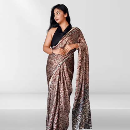 Ajrakh Modal Silk Saree- badam buta - Cream Red