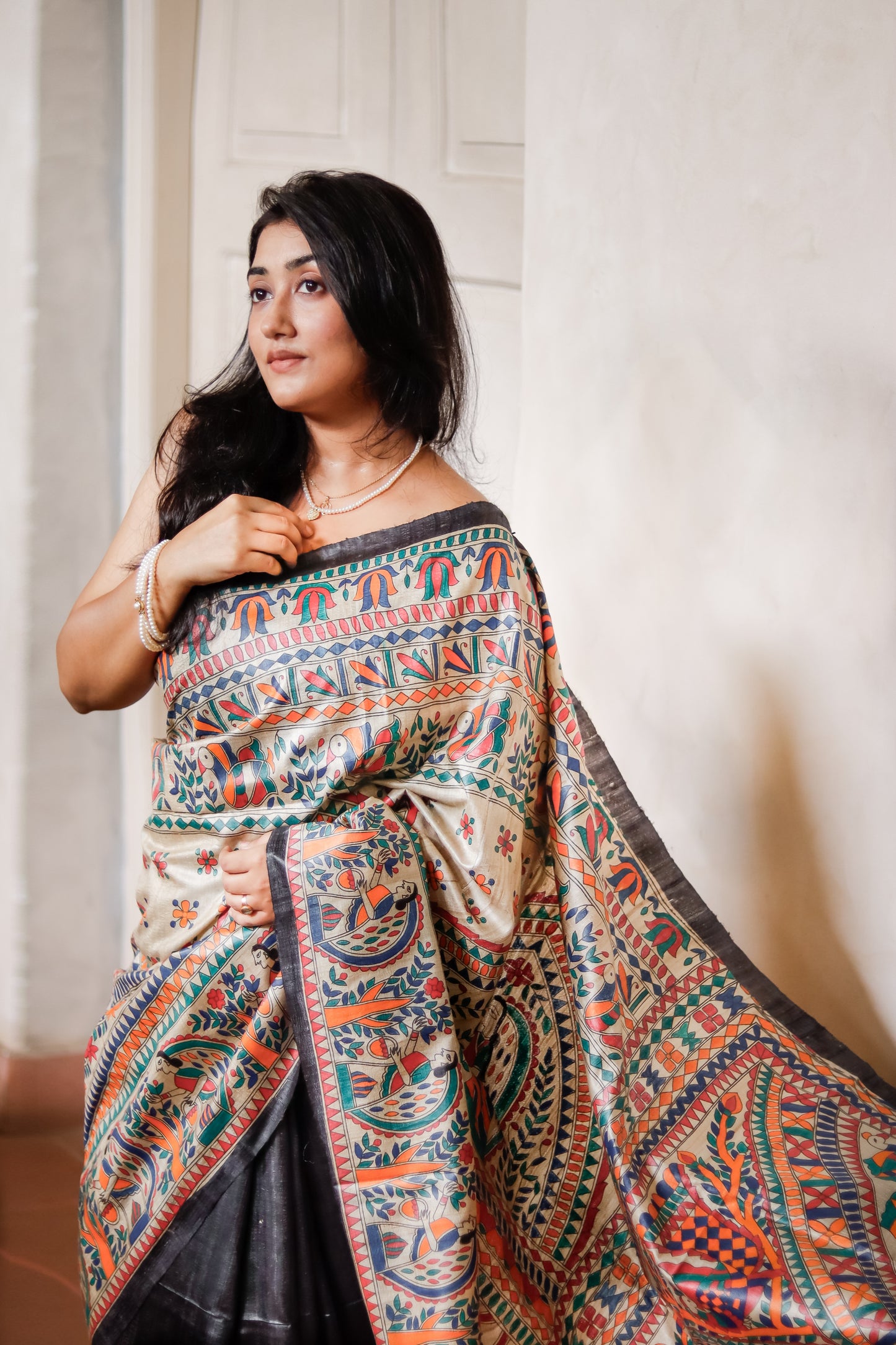 Madhubani Handpainted on Pure Tussar desi Silk - Black (Custom color available)