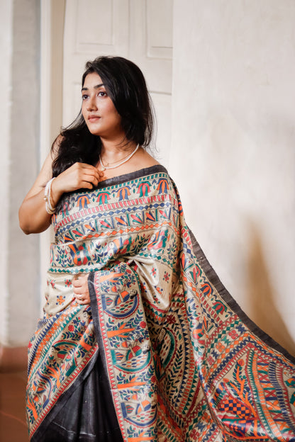 Madhubani Handpainted on Pure Tussar desi Silk - Black (Custom color available)