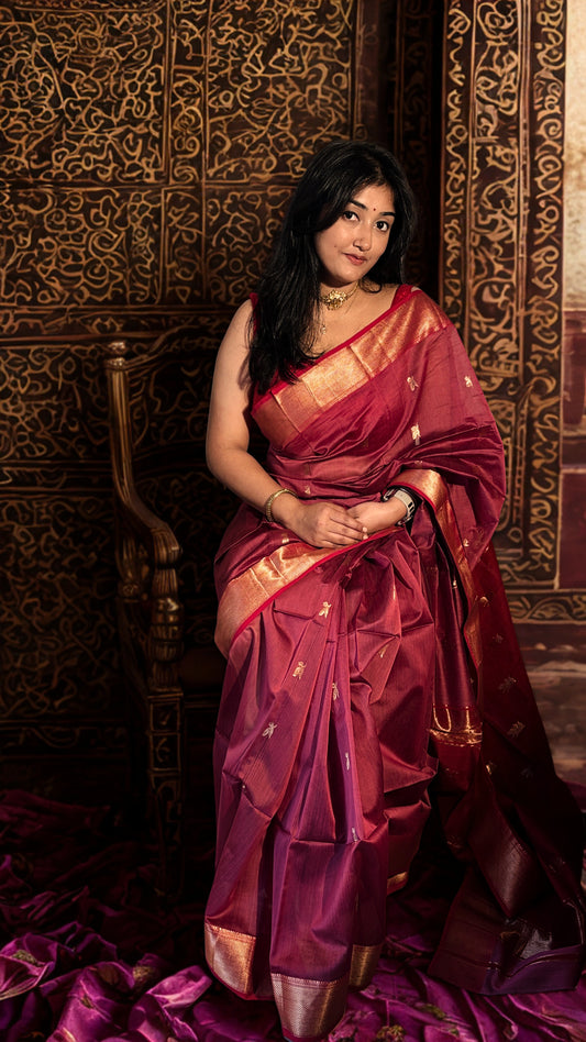 Maheshwari silk handloom- Peach pink with Red Palla