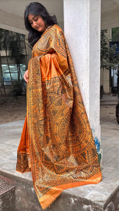 Pure Tussar Silk Saree- Custom Madhubani on Golden