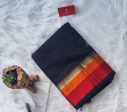Maheshwari Silk Saree- Black and orange