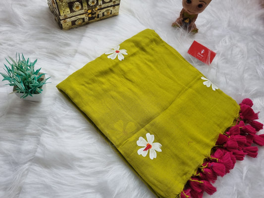 Mul cotton Jasmin handpainted- Chartreuse green