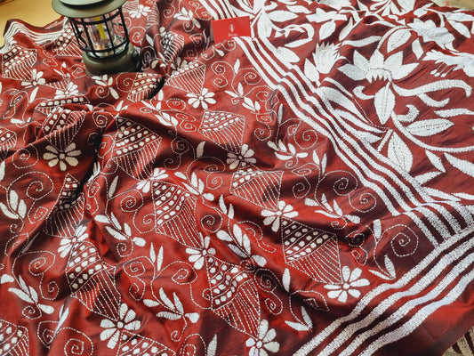 Handstiched Bengal kantha- Wine Full Embroidery