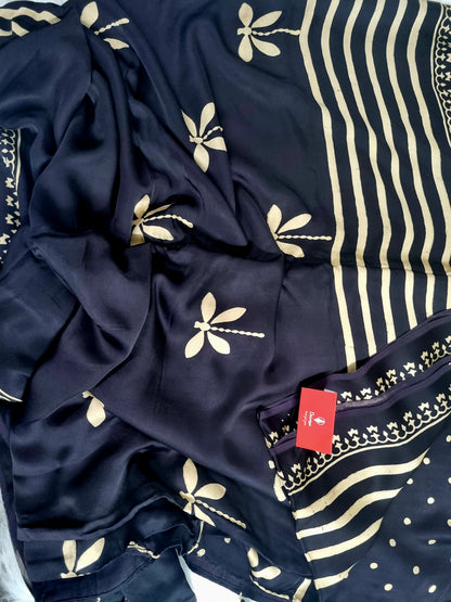 Modal Silk Sarees with Handblocked Ajrak Print- Black