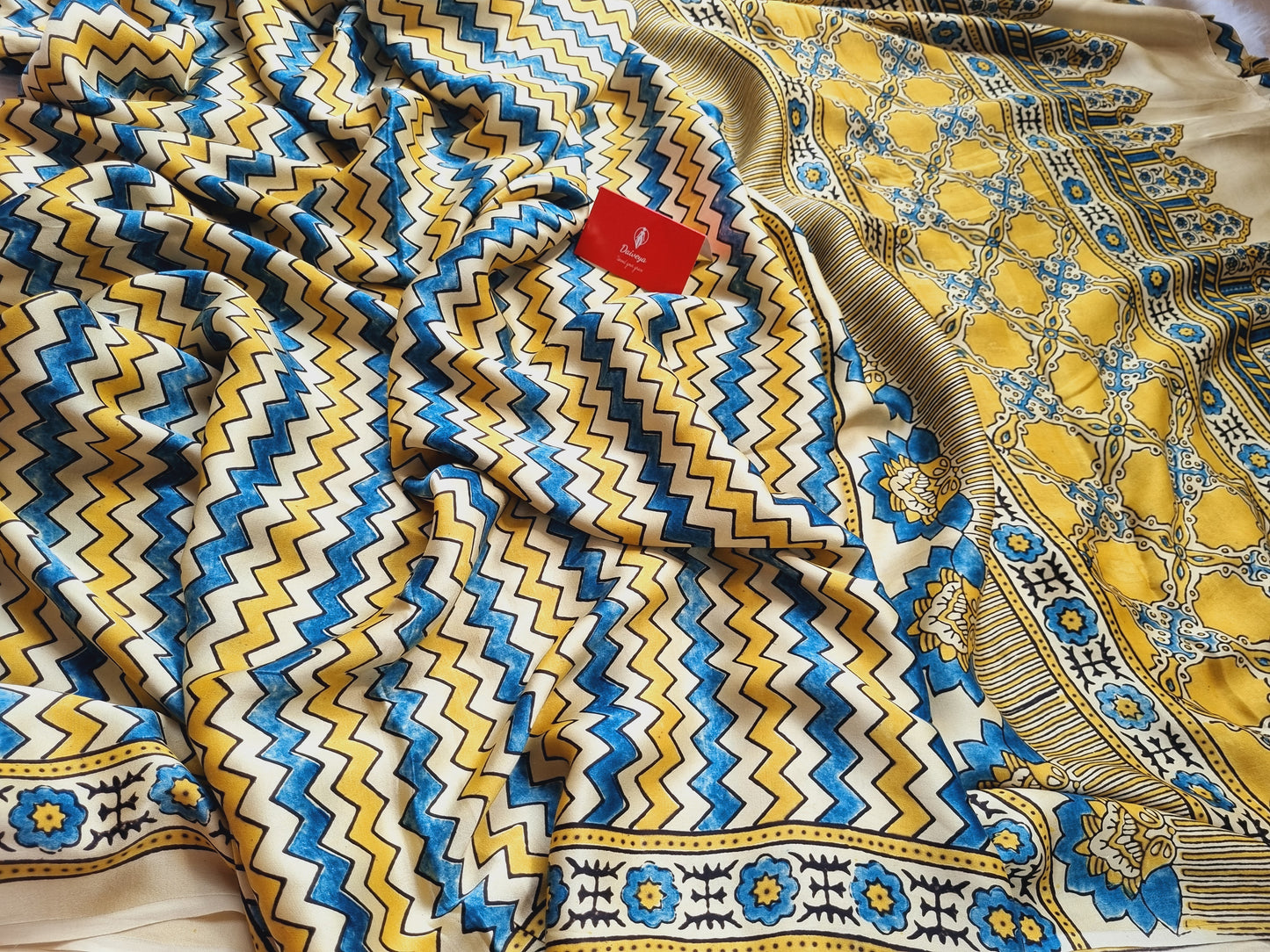 Ajrak Print Modal Silk Sarees- Leheriya yellow