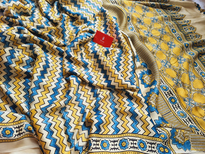 Ajrak Print Modal Silk Sarees- Leheriya yellow
