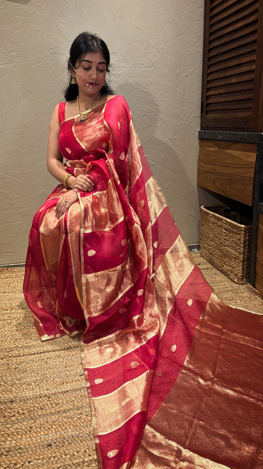 Pure Banarasi Kora Organza silk- Magenta Golden
