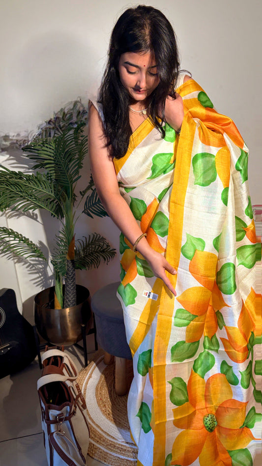 Murshidabad pure silk saree - handpainted floral cream