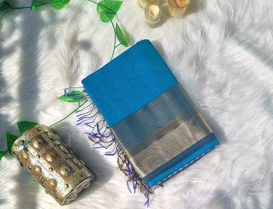 Maheshwari no buti broad border- turquoise blue