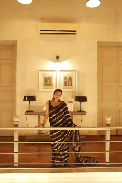 Ajrak Print Modal Silk Sarees- Leheriya Black