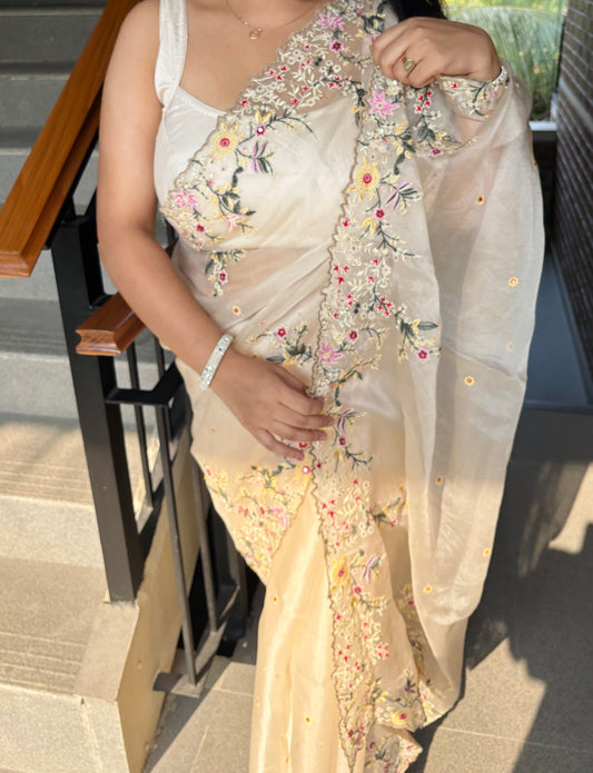 Pure Organza silk floral embroidered with handwork- Cream